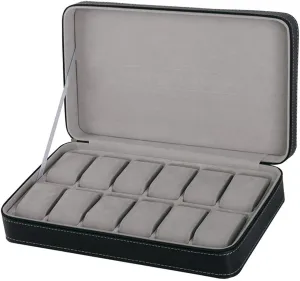 12 Grids PU Leather Travel Watch Storage Case Zipper Wristwatch Box Organizer - Black