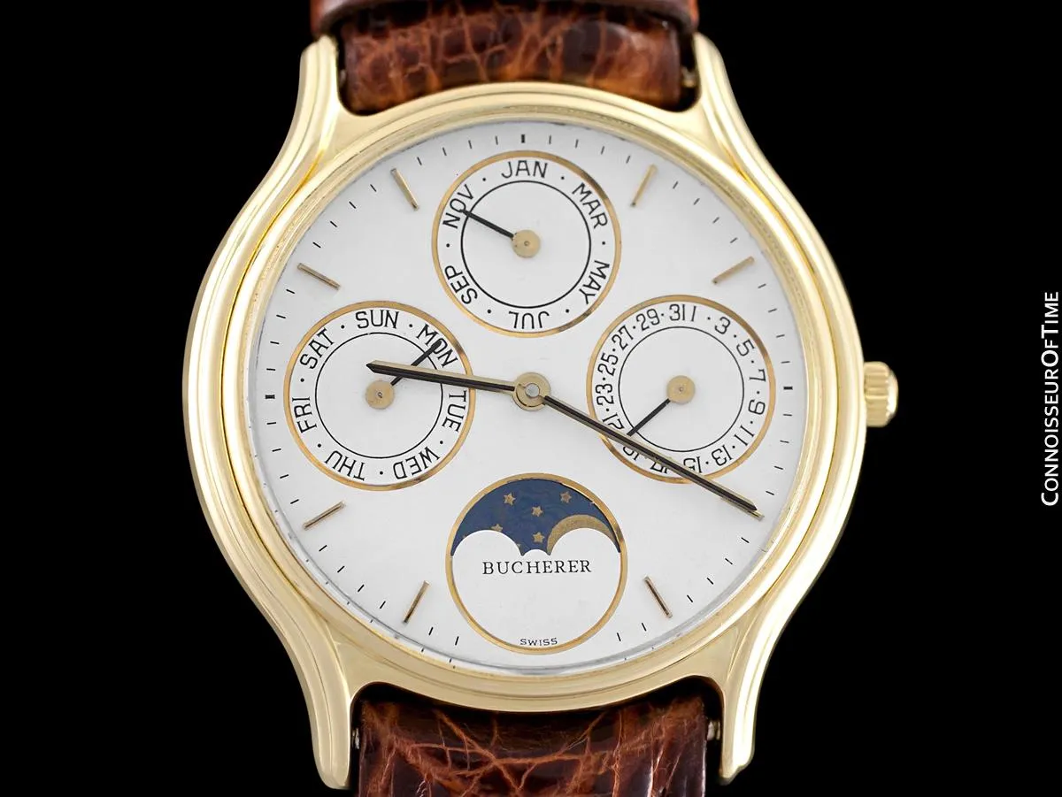 1980's Bucherer Vintage Mens Triple Calendar Quantième with Moonphase - 18K Gold