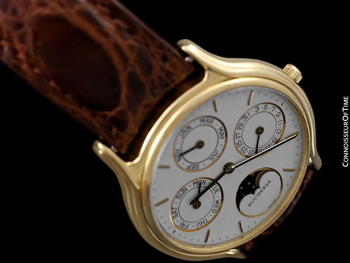 1980's Bucherer Vintage Mens Triple Calendar Quantième with Moonphase - 18K Gold