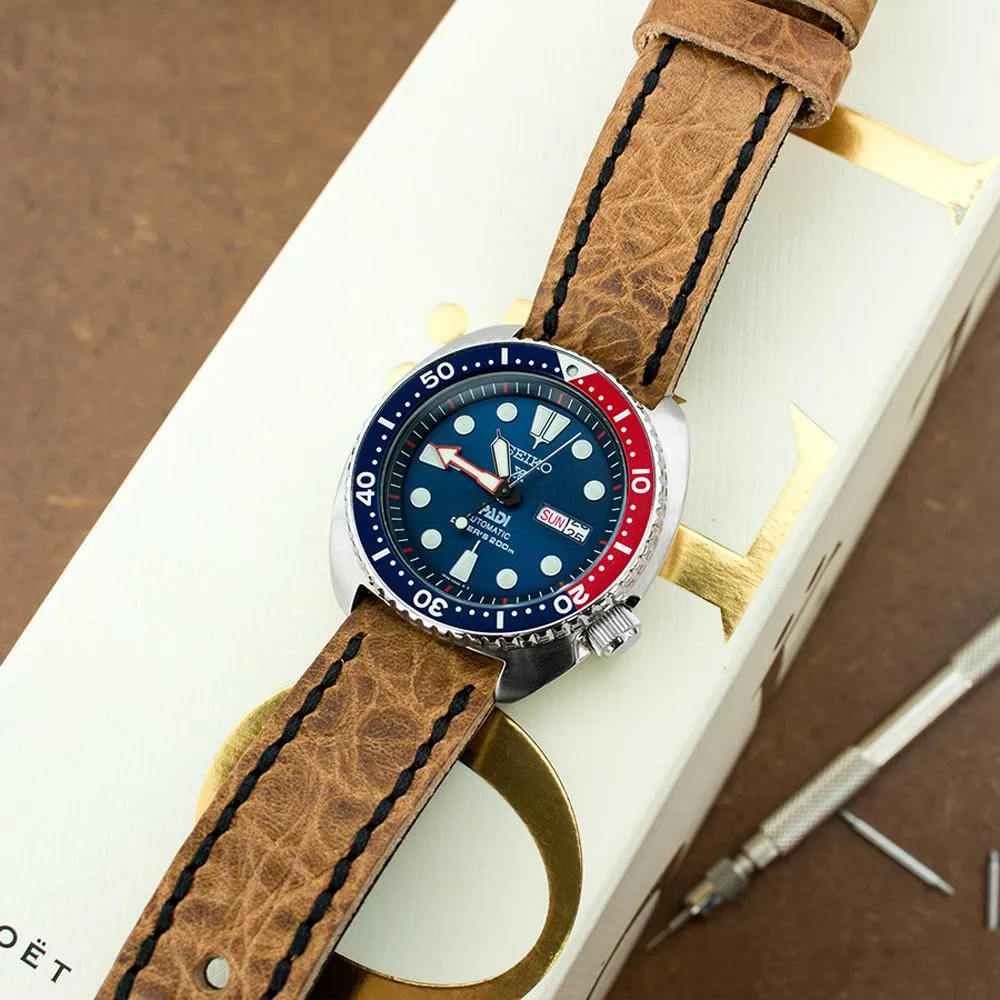 20, 21, 22mm CrocoCalf (Croco Grain) Honey Brown Watch Strap with Black Stitches