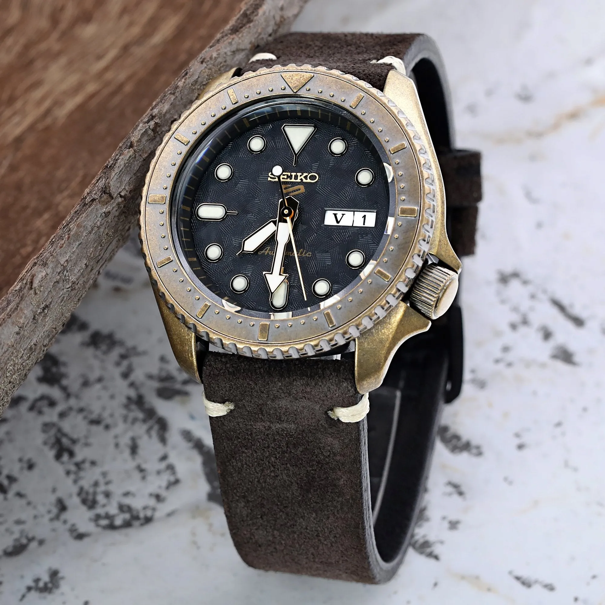 20mm, 21mm, 22mm MiLTAT Dark Brown Genuine Nubuck Leather Watch Strap, Beige Stitching, Polished Buckle