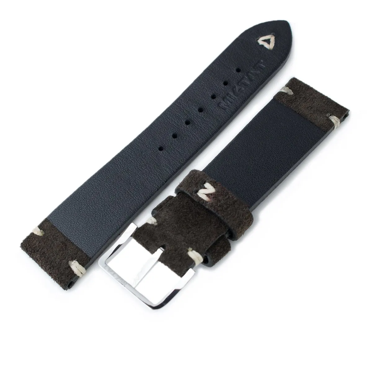 20mm, 21mm, 22mm MiLTAT Dark Brown Genuine Nubuck Leather Watch Strap, Beige Stitching, Polished Buckle