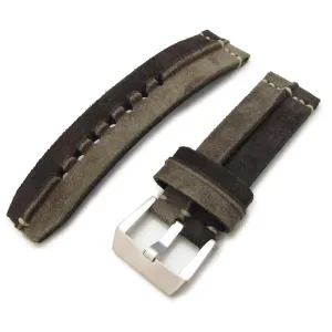 24mm MiLTAT Khaki   D Brown Ridge Design Suede watch strap, Beige Hand Stitch