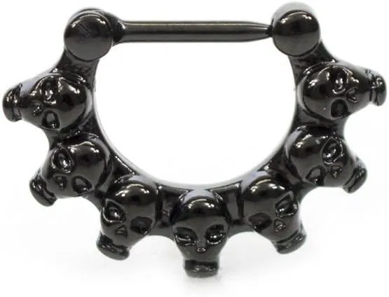 316L Surgical Steel PVD 16G Macabre Skulls Skeleton Septum Clicker Ring 5/16 Inch 8mm Daith Hoop Earring Hinged Clicker Nose Ring Piercing Jewelry