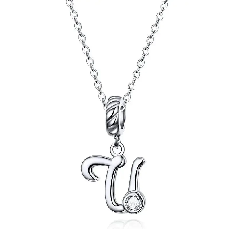 925 Sterling Silver Vintage Letter A to Z Pendant Necklace Initial Long Chain Necklace Platinum Plated Women Fine Jewelry