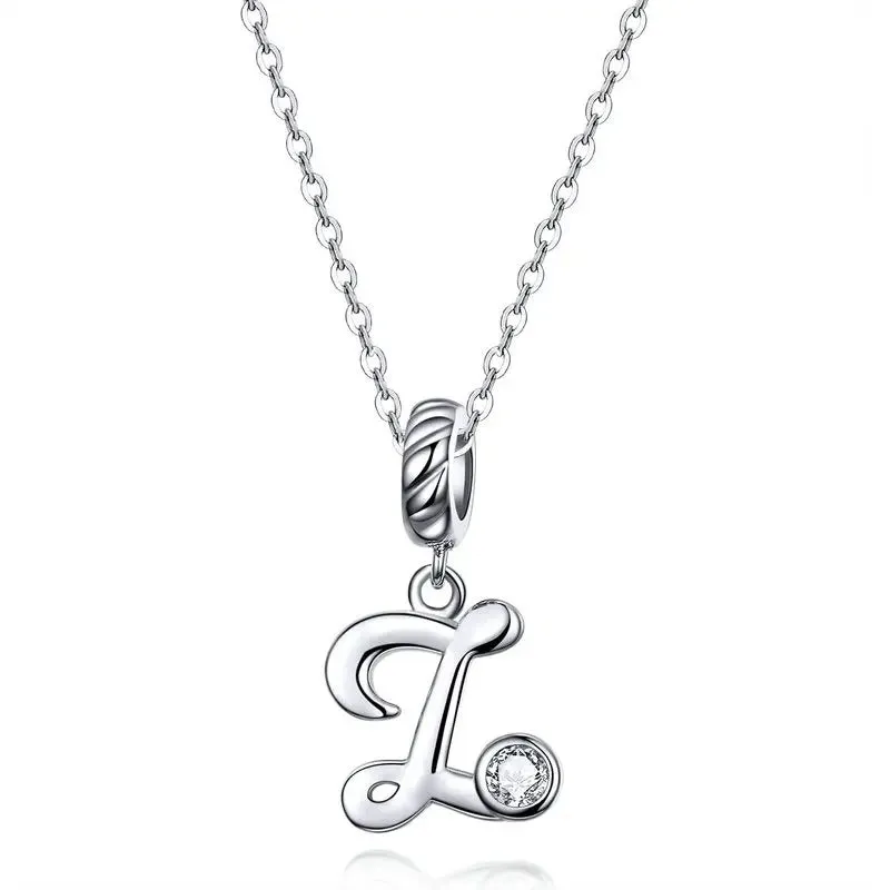 925 Sterling Silver Vintage Letter A to Z Pendant Necklace Initial Long Chain Necklace Platinum Plated Women Fine Jewelry