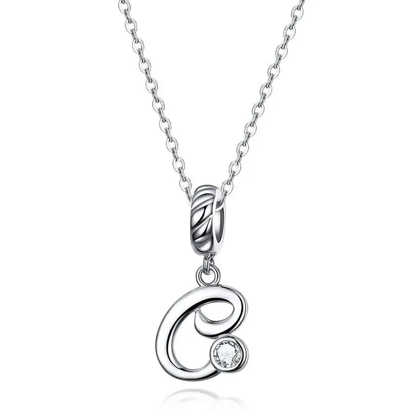 925 Sterling Silver Vintage Letter A to Z Pendant Necklace Initial Long Chain Necklace Platinum Plated Women Fine Jewelry