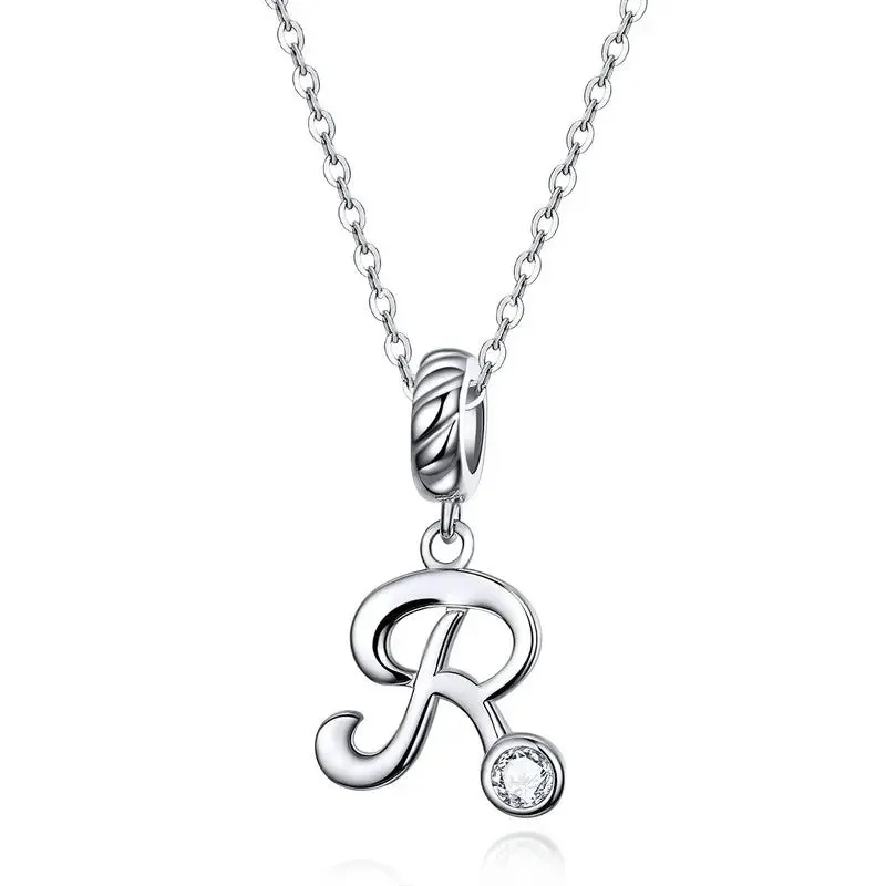 925 Sterling Silver Vintage Letter A to Z Pendant Necklace Initial Long Chain Necklace Platinum Plated Women Fine Jewelry