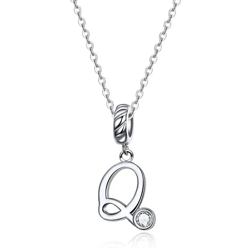 925 Sterling Silver Vintage Letter A to Z Pendant Necklace Initial Long Chain Necklace Platinum Plated Women Fine Jewelry