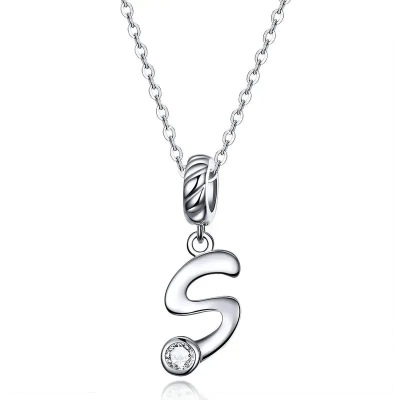 925 Sterling Silver Vintage Letter A to Z Pendant Necklace Initial Long Chain Necklace Platinum Plated Women Fine Jewelry