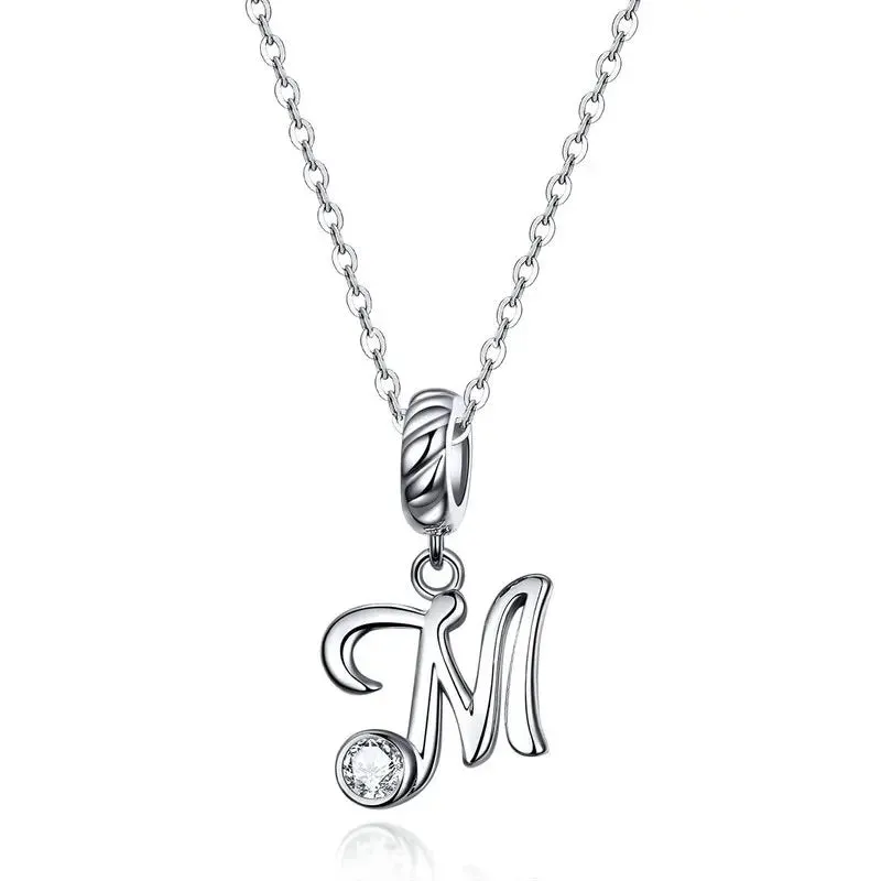 925 Sterling Silver Vintage Letter A to Z Pendant Necklace Initial Long Chain Necklace Platinum Plated Women Fine Jewelry