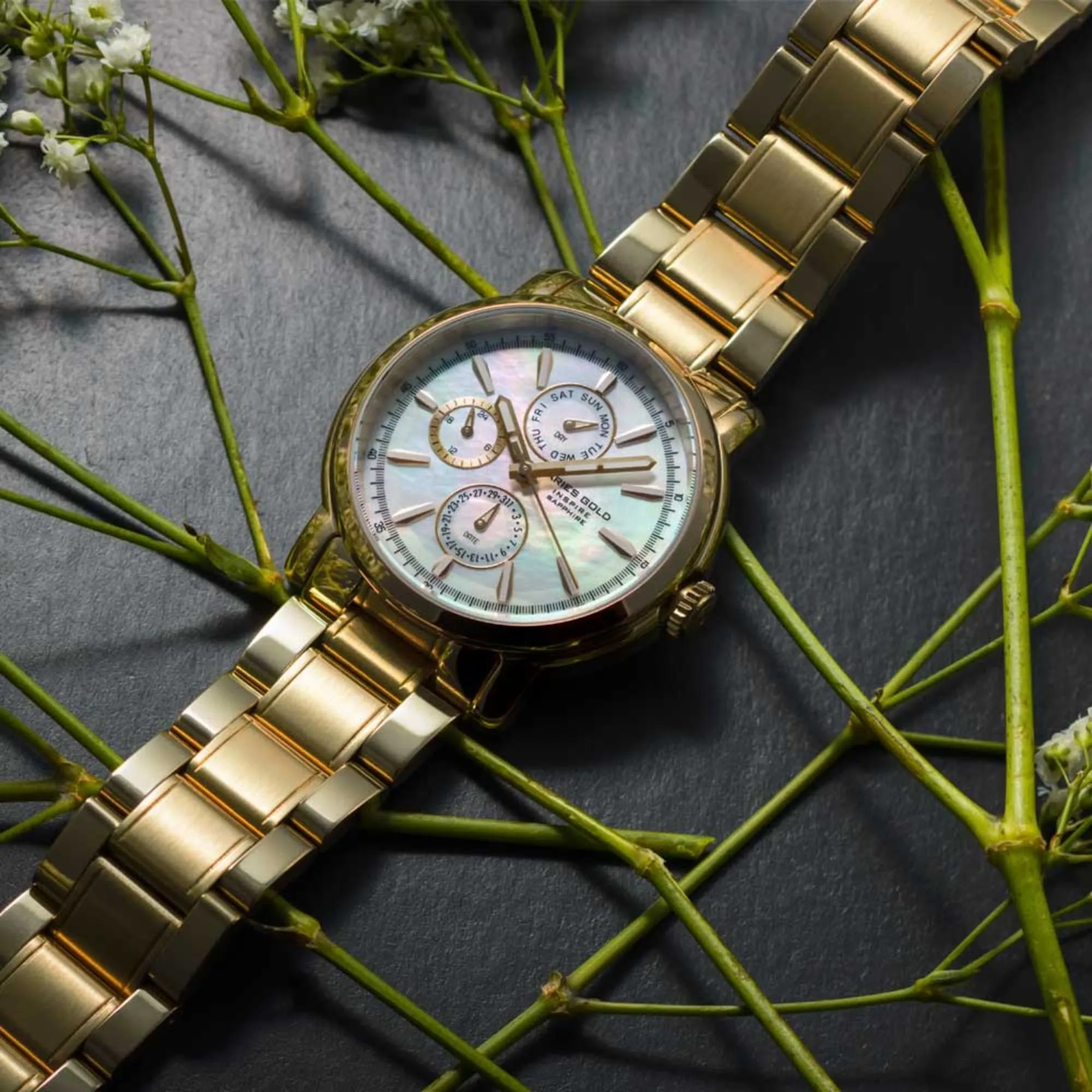 ARIES GOLD CHRONOGRAPH INSPIRE CONTENDER GOLD STAINLESS STEEL B 7302 G-MOP WOMEN'S WATCH