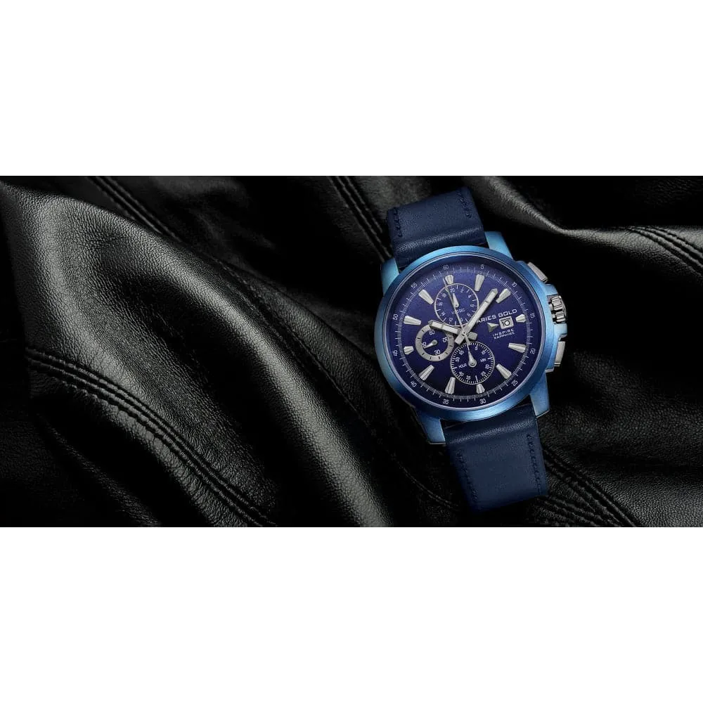 ARIES GOLD INSPIRE CONTENDER BLUE STAINLESS STEEL G 7301A BU-BU BLUE LEATHER STRAP MEN'S WATCH