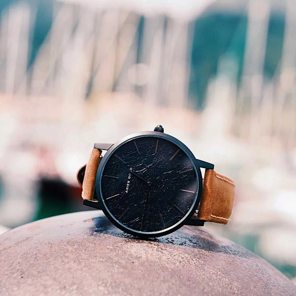ARIES GOLD URBAN SANTOS BLACK STAINLESS STEEL G 1022 BK-BKME BROWN LEATHER STRAP WOMEN'S WATCH