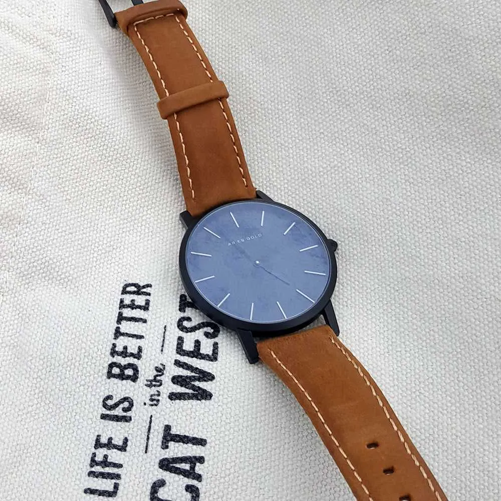 ARIES GOLD URBAN SANTOS BLACK STAINLESS STEEL G 1022 BK-BKME BROWN LEATHER STRAP WOMEN'S WATCH