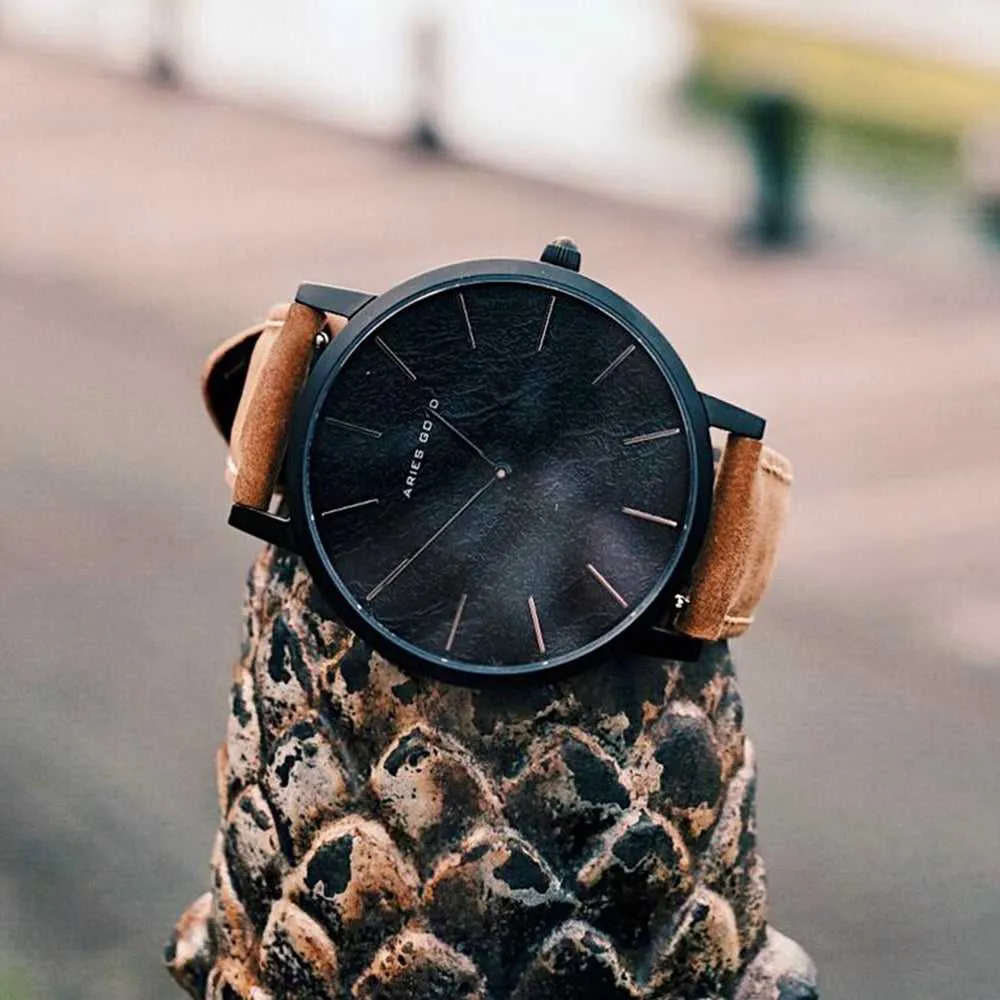 ARIES GOLD URBAN SANTOS BLACK STAINLESS STEEL G 1022 BK-BKME BROWN LEATHER STRAP WOMEN'S WATCH