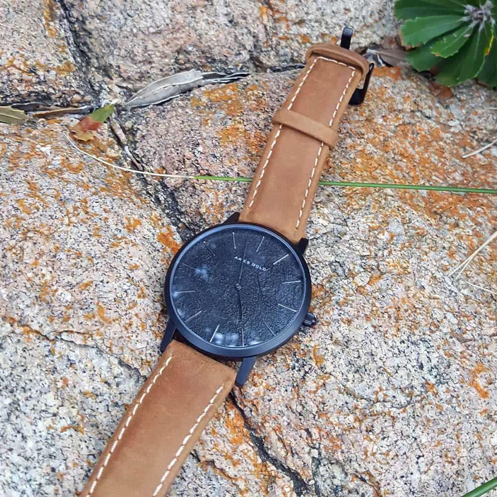 ARIES GOLD URBAN SANTOS BLACK STAINLESS STEEL G 1022 BK-BKME BROWN LEATHER STRAP WOMEN'S WATCH
