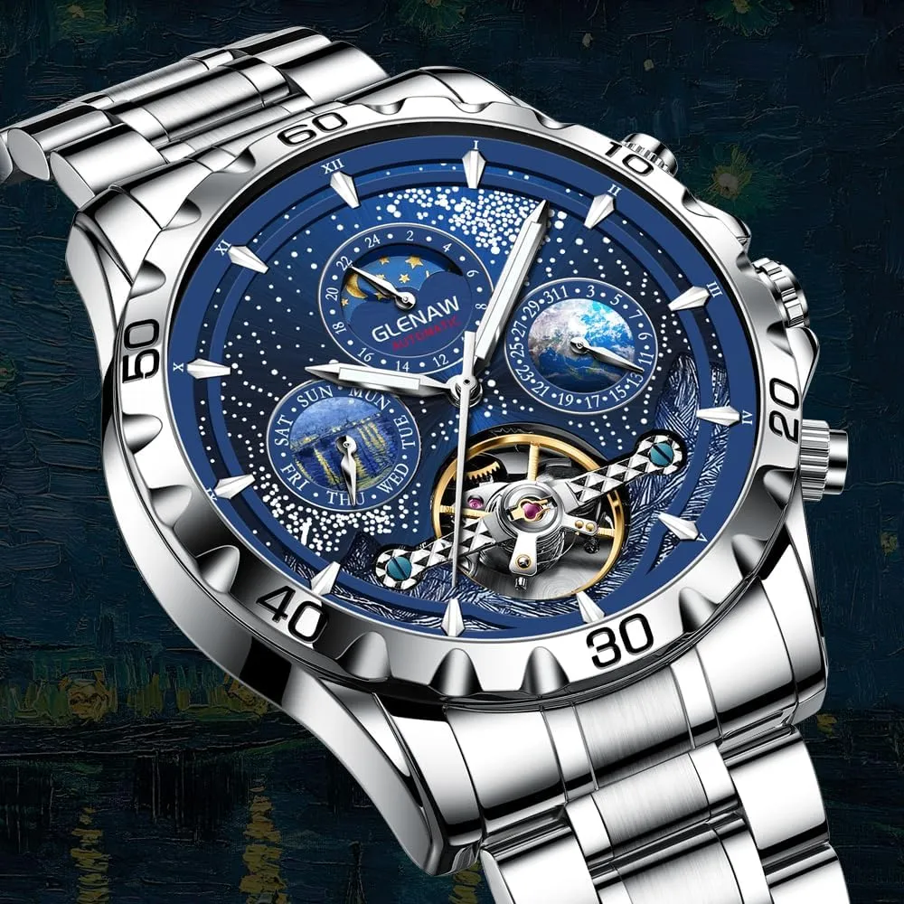 Automatic Watches for Men, Multifunctional men's mechanical watch starry sky dial Waterproof Watches for Men Stainless Steel Strap Skeleton Self-Winding Mechanical Watch Day Week Dial Wrist Watch