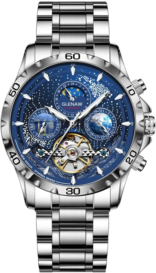 Automatic Watches for Men, Multifunctional men's mechanical watch starry sky dial Waterproof Watches for Men Stainless Steel Strap Skeleton Self-Winding Mechanical Watch Day Week Dial Wrist Watch