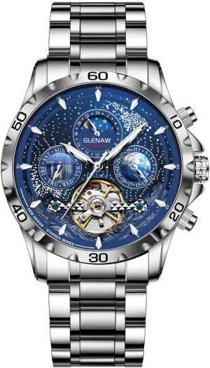 Automatic Watches for Men, Multifunctional men's mechanical watch starry sky dial Waterproof Watches for Men Stainless Steel Strap Skeleton Self-Winding Mechanical Watch Day Week Dial Wrist Watch