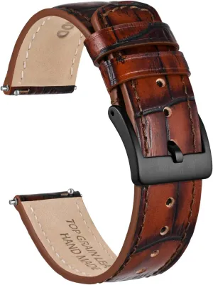 Ayadoo 18mm Top Grain Leather Watch Band Classical Embossed Alligator Grain Golden Brown Leather Replacement Watch Strap with Black Buckle for Men Women