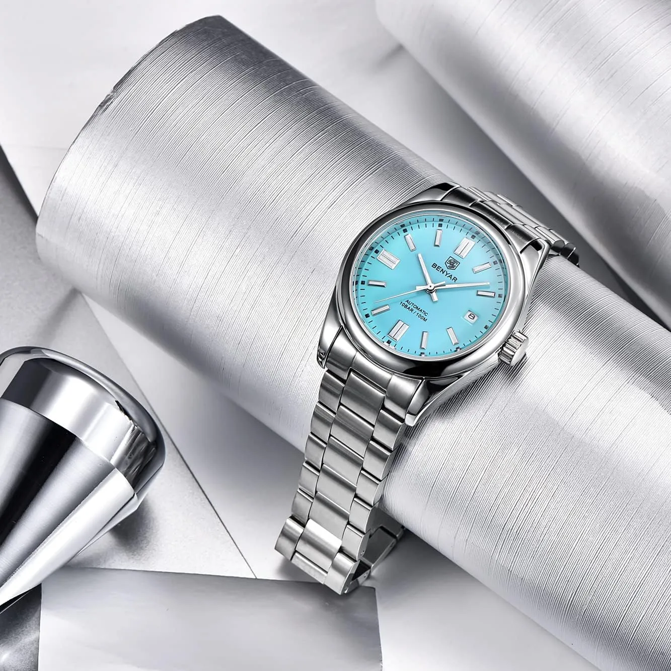 BENYAR Classic Men's Automatic Mechanical Watch Stainless Steel Strap Waterproof Luminous Simple Business Sports Wristwatch