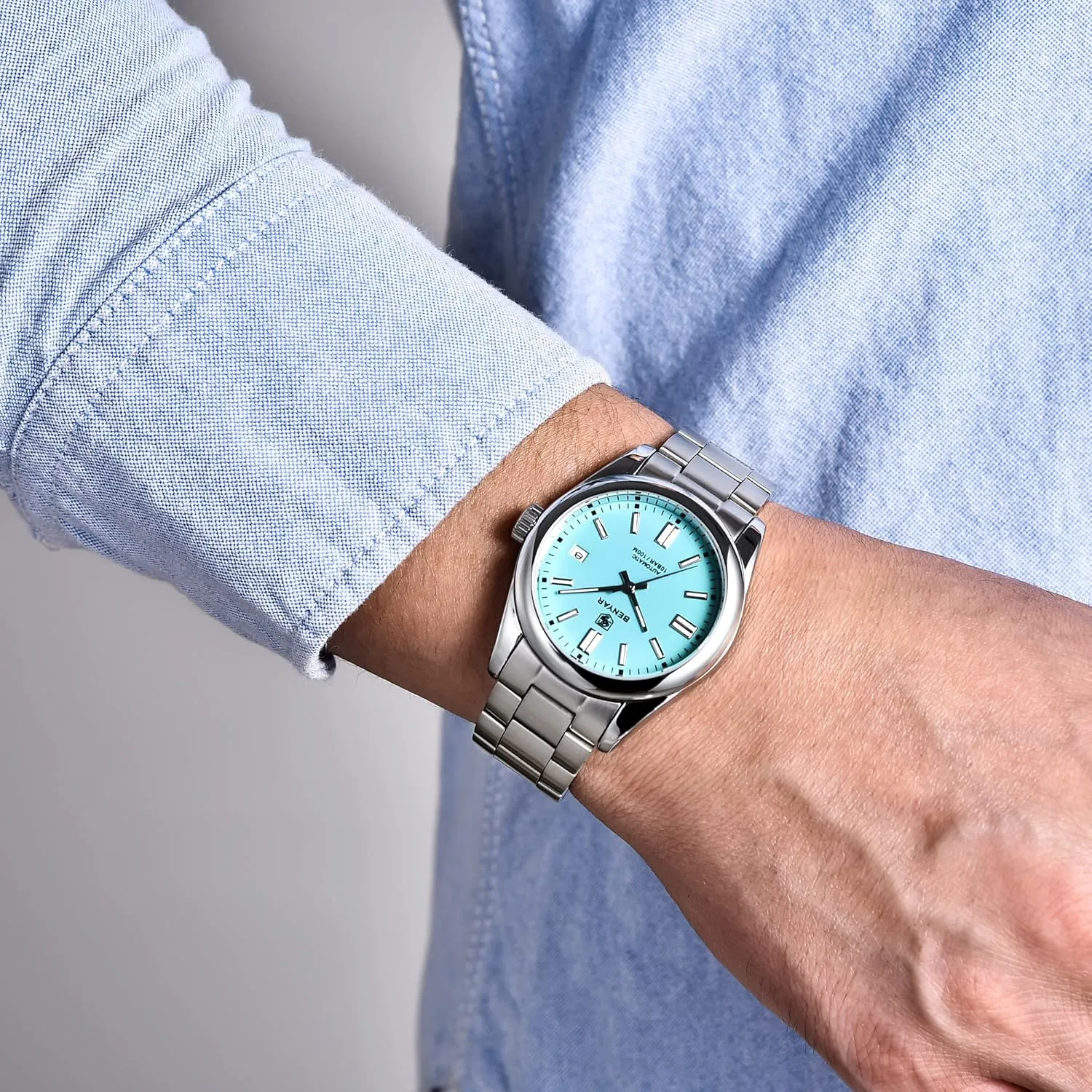 BENYAR Classic Men's Automatic Mechanical Watch Stainless Steel Strap Waterproof Luminous Simple Business Sports Wristwatch