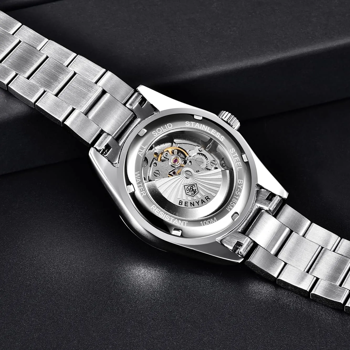 BENYAR Classic Men's Automatic Mechanical Watch Stainless Steel Strap Waterproof Luminous Simple Business Sports Wristwatch