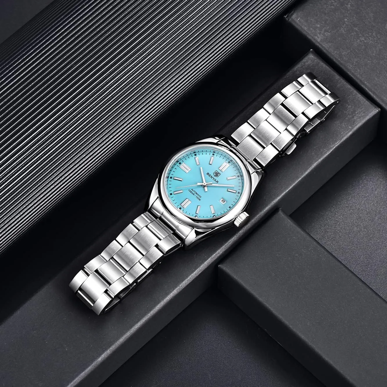 BENYAR Classic Men's Automatic Mechanical Watch Stainless Steel Strap Waterproof Luminous Simple Business Sports Wristwatch