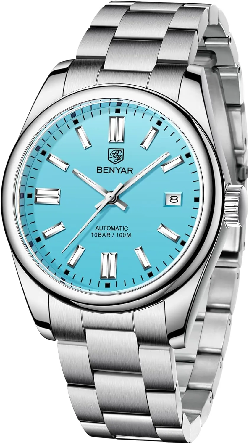 BENYAR Classic Men's Automatic Mechanical Watch Stainless Steel Strap Waterproof Luminous Simple Business Sports Wristwatch
