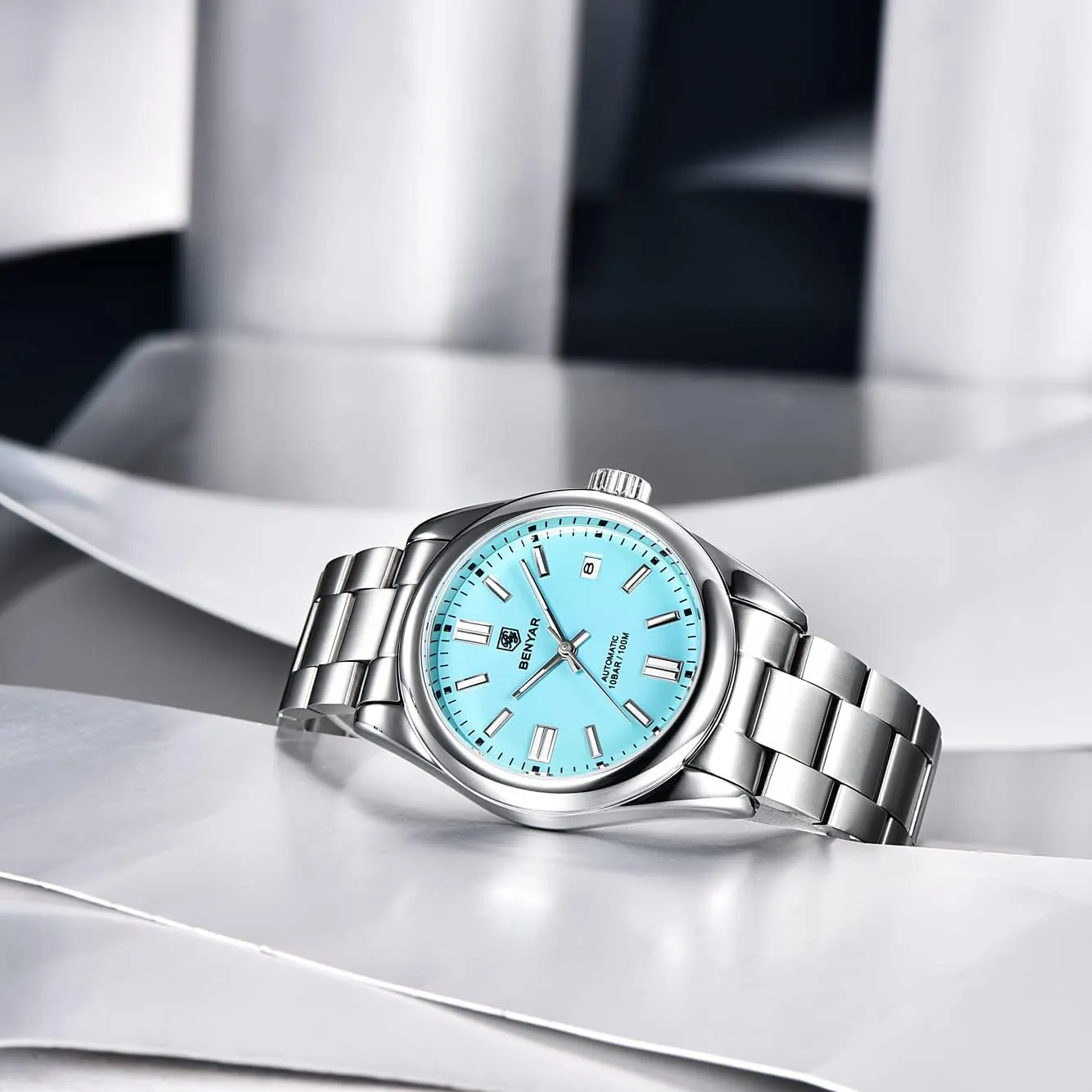 BENYAR Classic Men's Automatic Mechanical Watch Stainless Steel Strap Waterproof Luminous Simple Business Sports Wristwatch