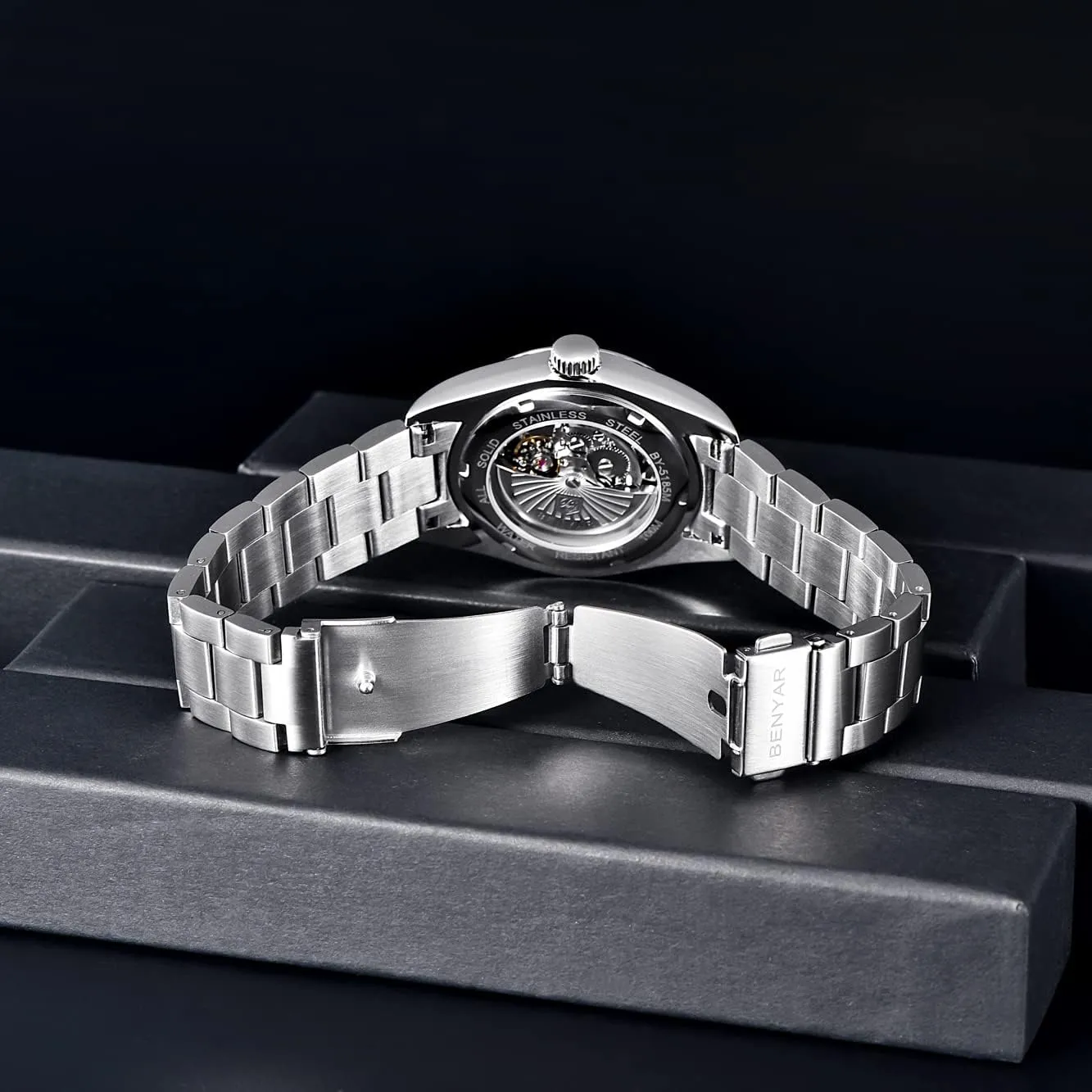 BENYAR Classic Men's Automatic Mechanical Watch Stainless Steel Strap Waterproof Luminous Simple Business Sports Wristwatch