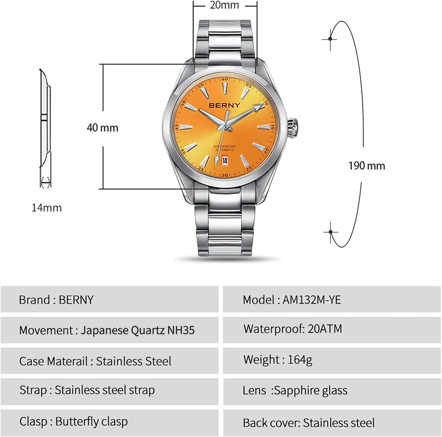 BERNY Automatic Watch for Men NH35 Movement Mechanical Watches with Screw-in Crown 20ATM Waterproof Sapphire Glass Stainless Steel Wristwatch Super Luminous