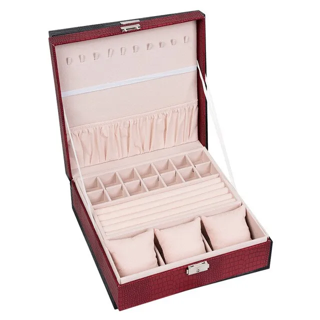 Big Square Double-Layer PU Leather Jewelry Box