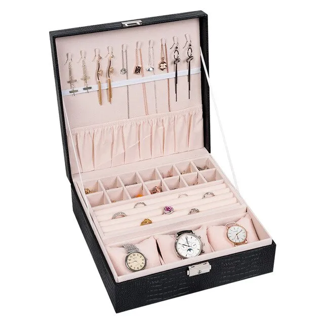 Big Square Double-Layer PU Leather Jewelry Box