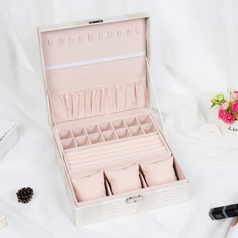 Big Square Double-Layer PU Leather Jewelry Box