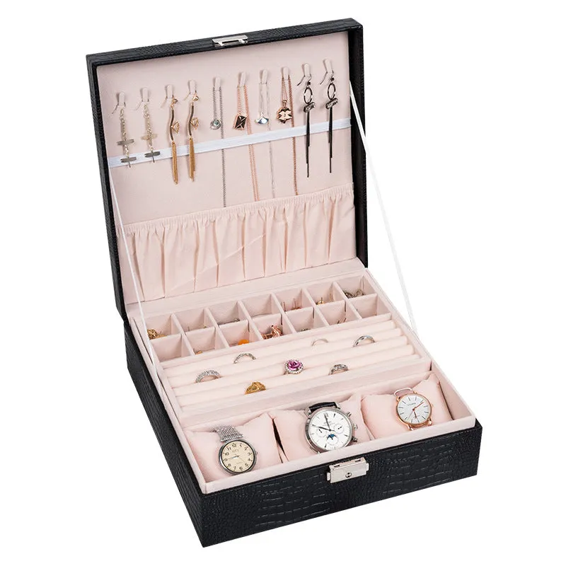 Big Square Double-Layer PU Leather Jewelry Box