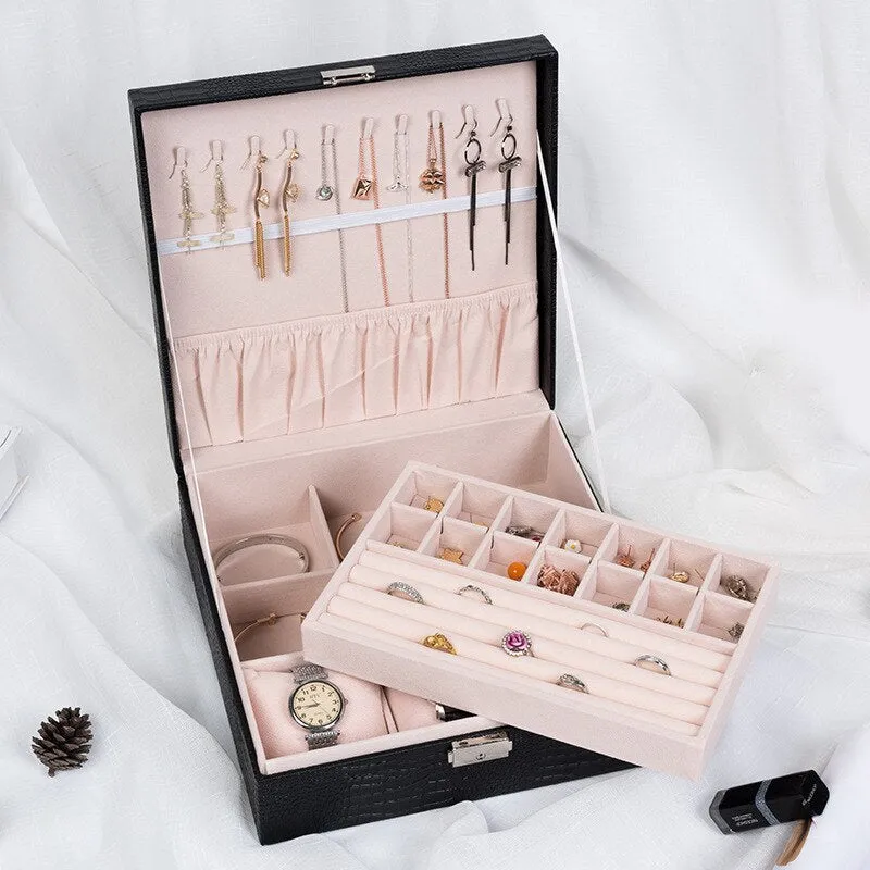 Big Square Double-Layer PU Leather Jewelry Box