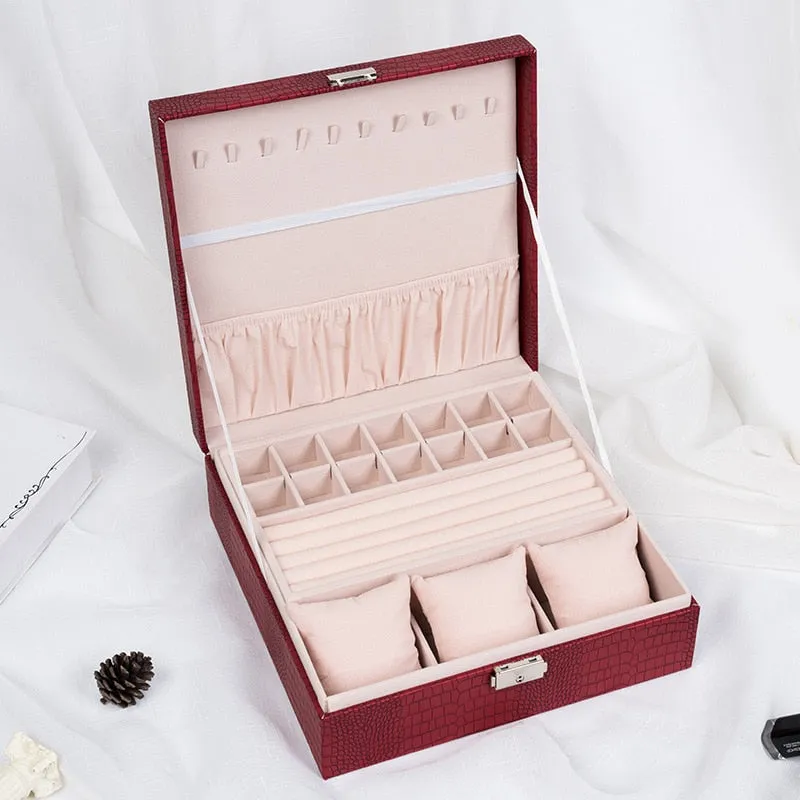Big Square Double-Layer PU Leather Jewelry Box