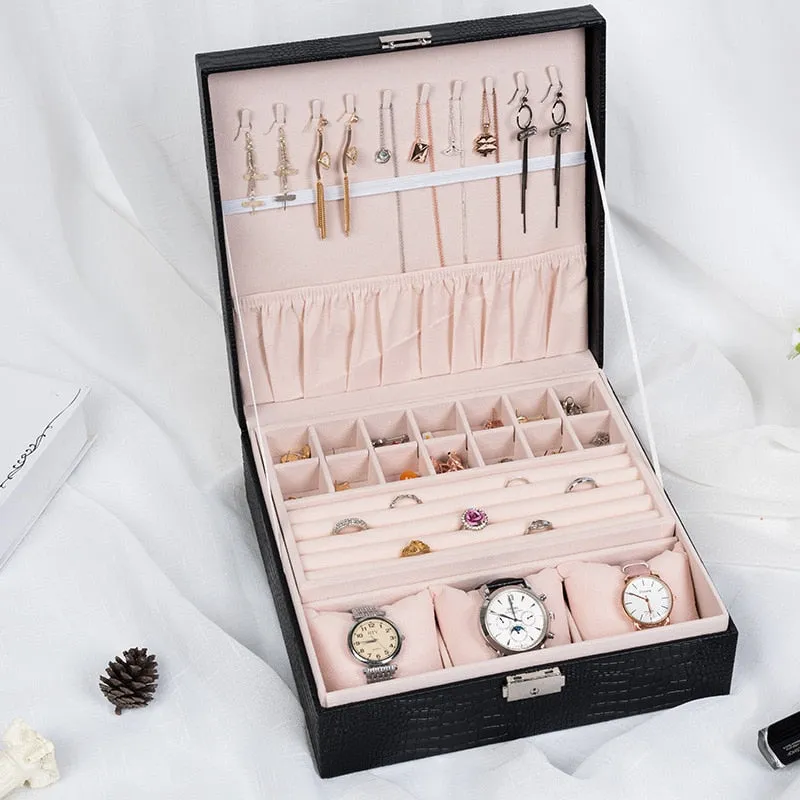 Big Square Double-Layer PU Leather Jewelry Box