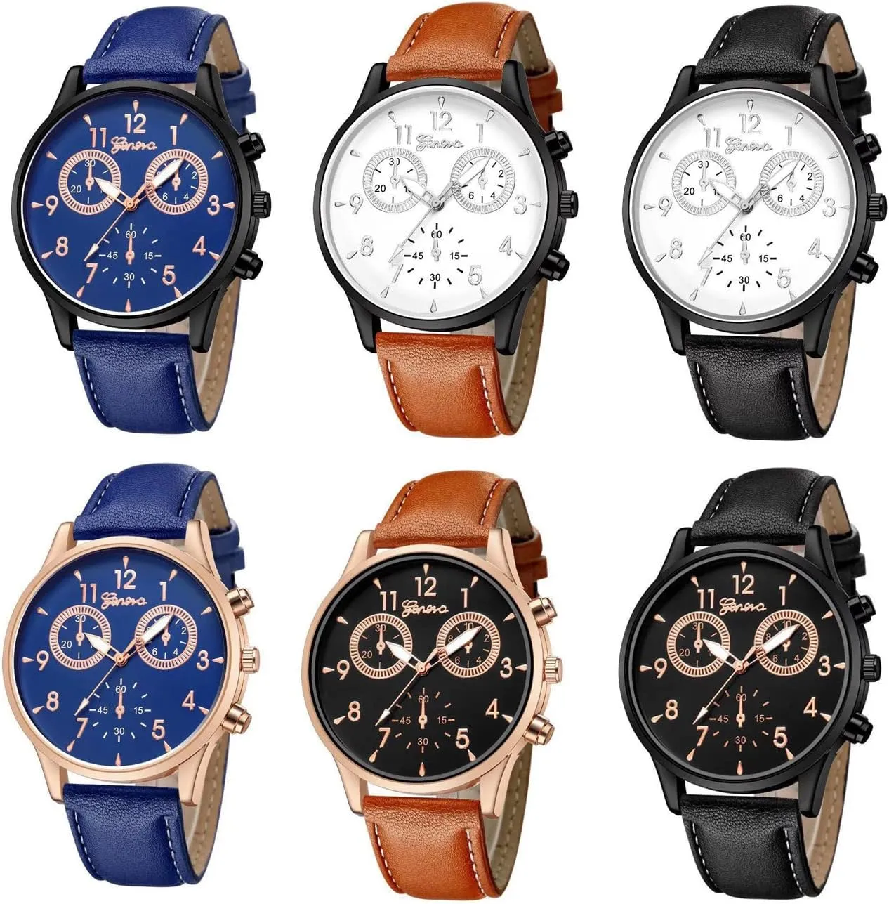 CdyBox Men Fashion PU Leather Watch Casual Business Quartz Wrist Watches Wholesale 6 Pack