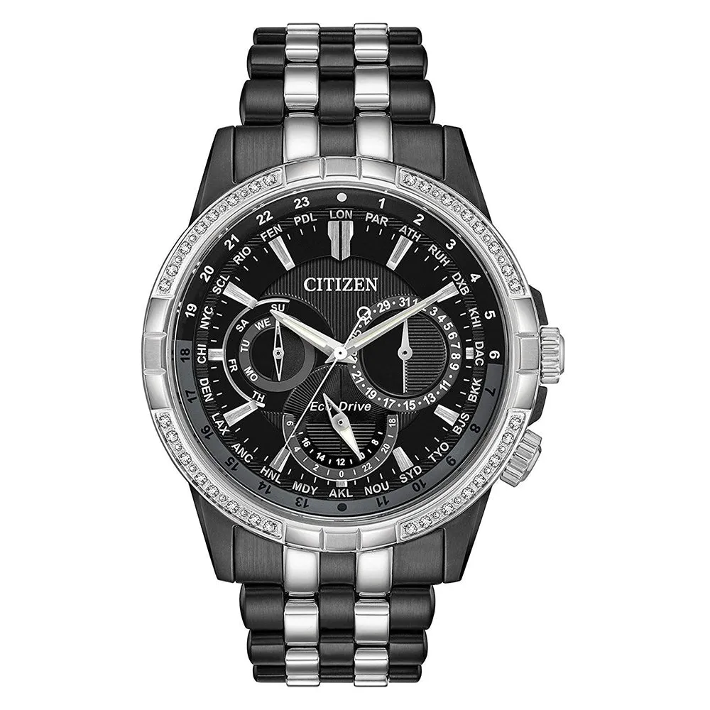 Citizen Calendrier Eco-Drive Mens Black/Silver Stainless Steel Band Black/Silver Dial Watch - BU2088-50E