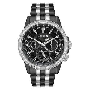 Citizen Calendrier Eco-Drive Mens Black/Silver Stainless Steel Band Black/Silver Dial Watch - BU2088-50E