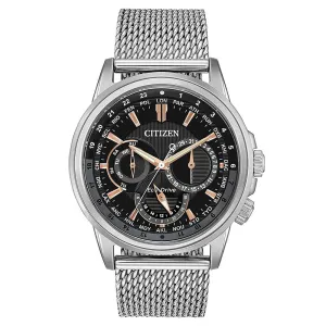 Citizen Calendrier Eco-Drive Mens Silver Stainless Steel Band Black Dial Watch - BU2020-70E