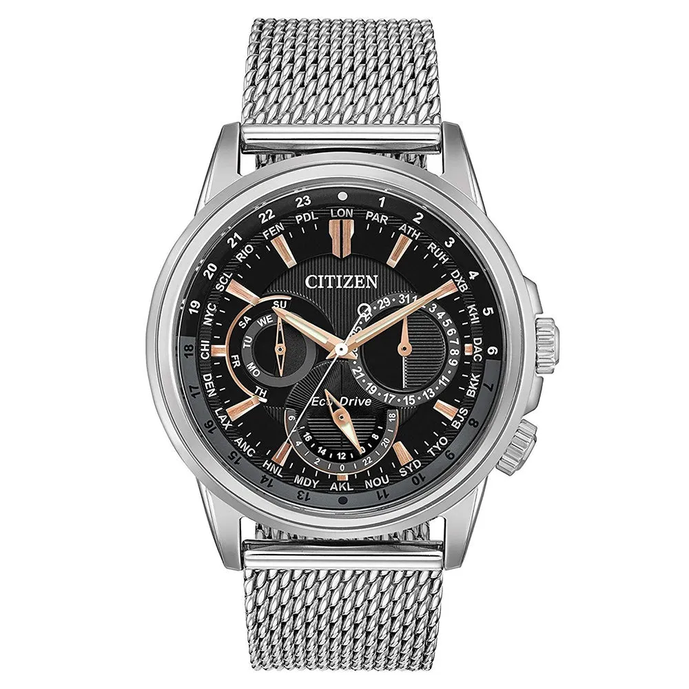 Citizen Calendrier Eco-Drive Mens Silver Stainless Steel Band Black Dial Watch - BU2020-70E