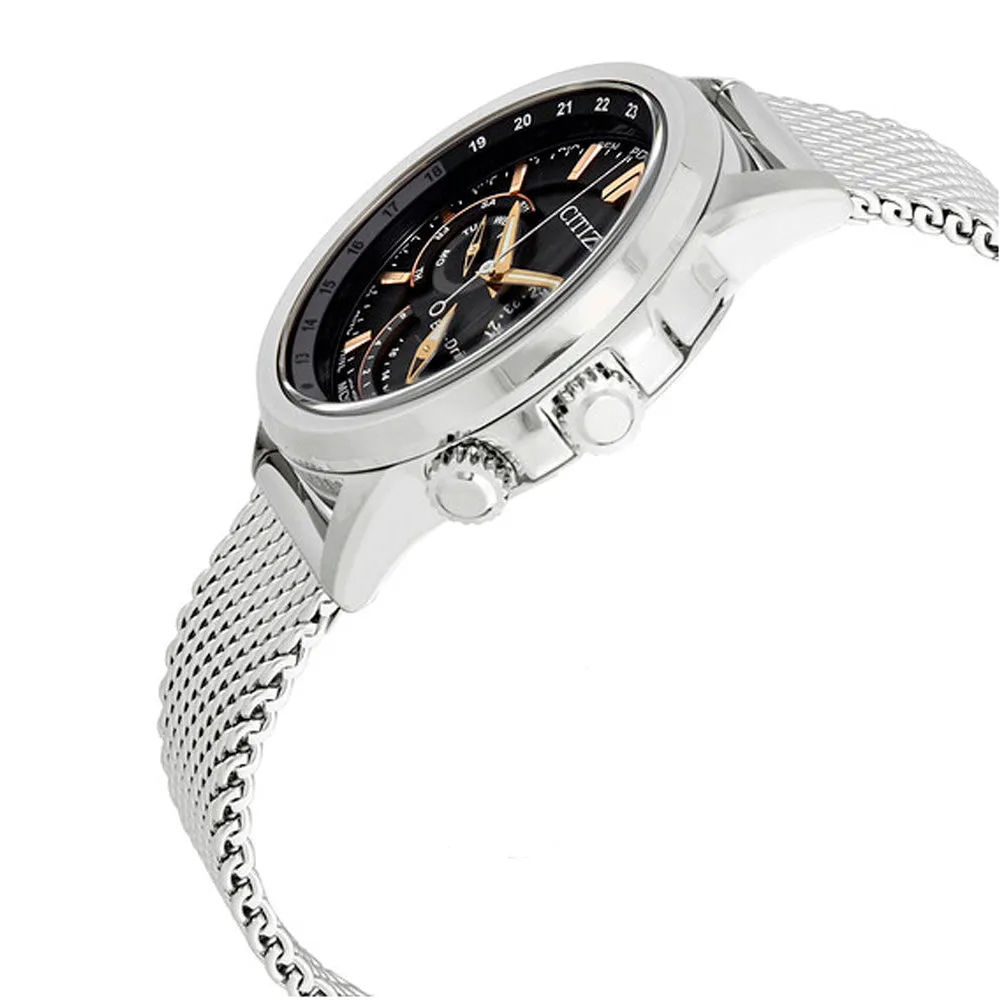Citizen Calendrier Eco-Drive Mens Silver Stainless Steel Band Black Dial Watch - BU2020-70E