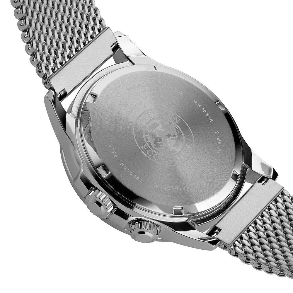 Citizen Calendrier Eco-Drive Mens Silver Stainless Steel Band Black Dial Watch - BU2020-70E