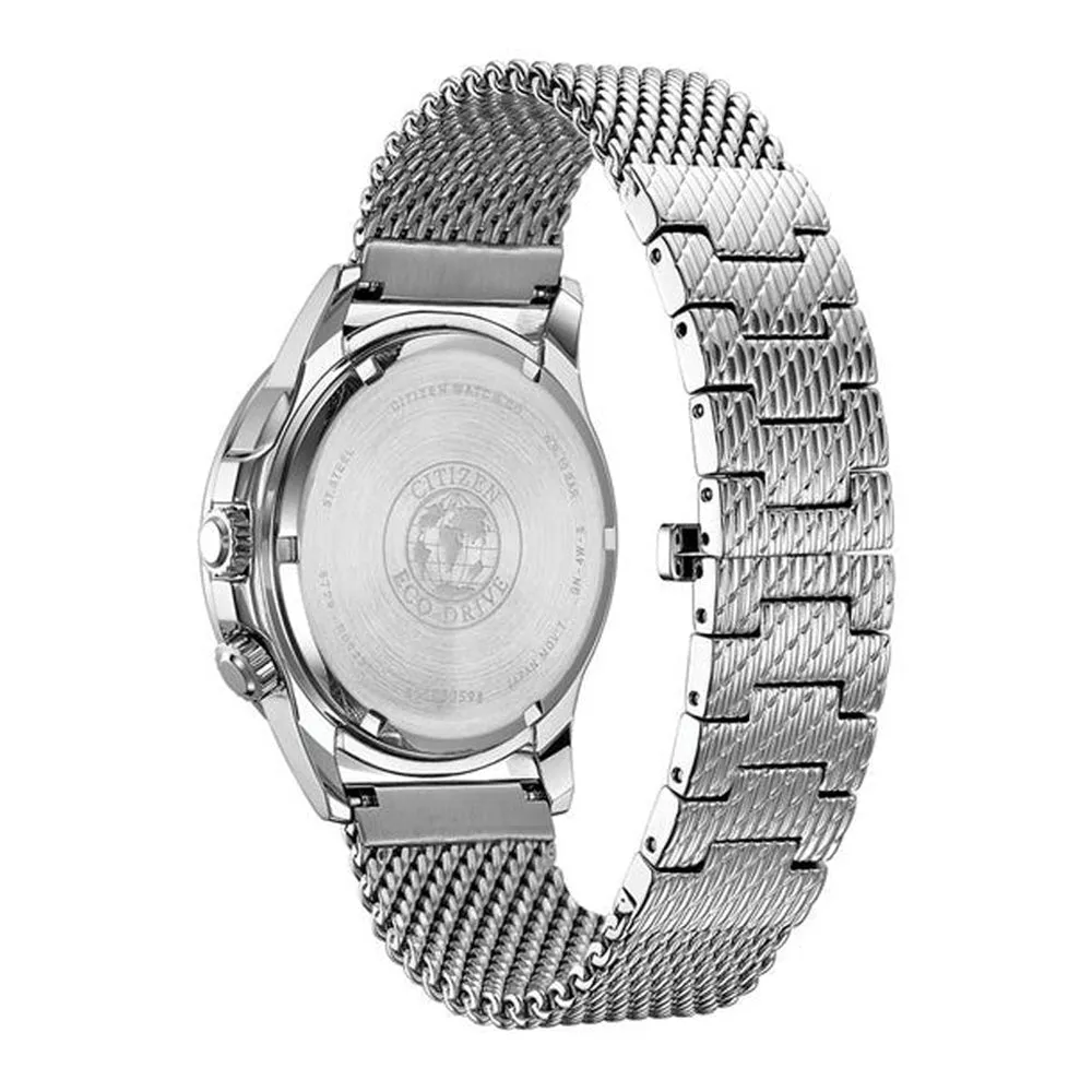 Citizen Calendrier Eco-Drive Mens Silver Stainless Steel Band Black Dial Watch - BU2020-70E