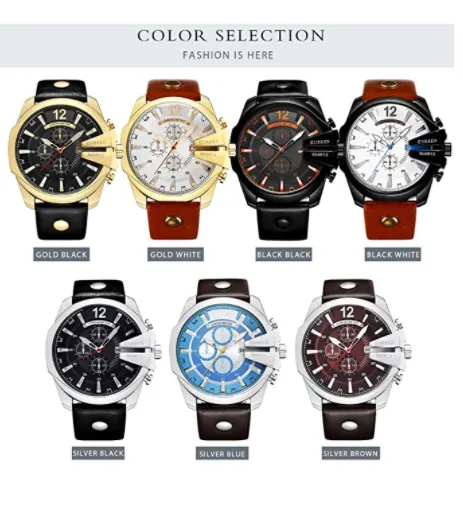 Curren Men Watches Luxury Gold Male Fashion Leather Strap Outdoor Casual Sport Wristwatch with Big Dial