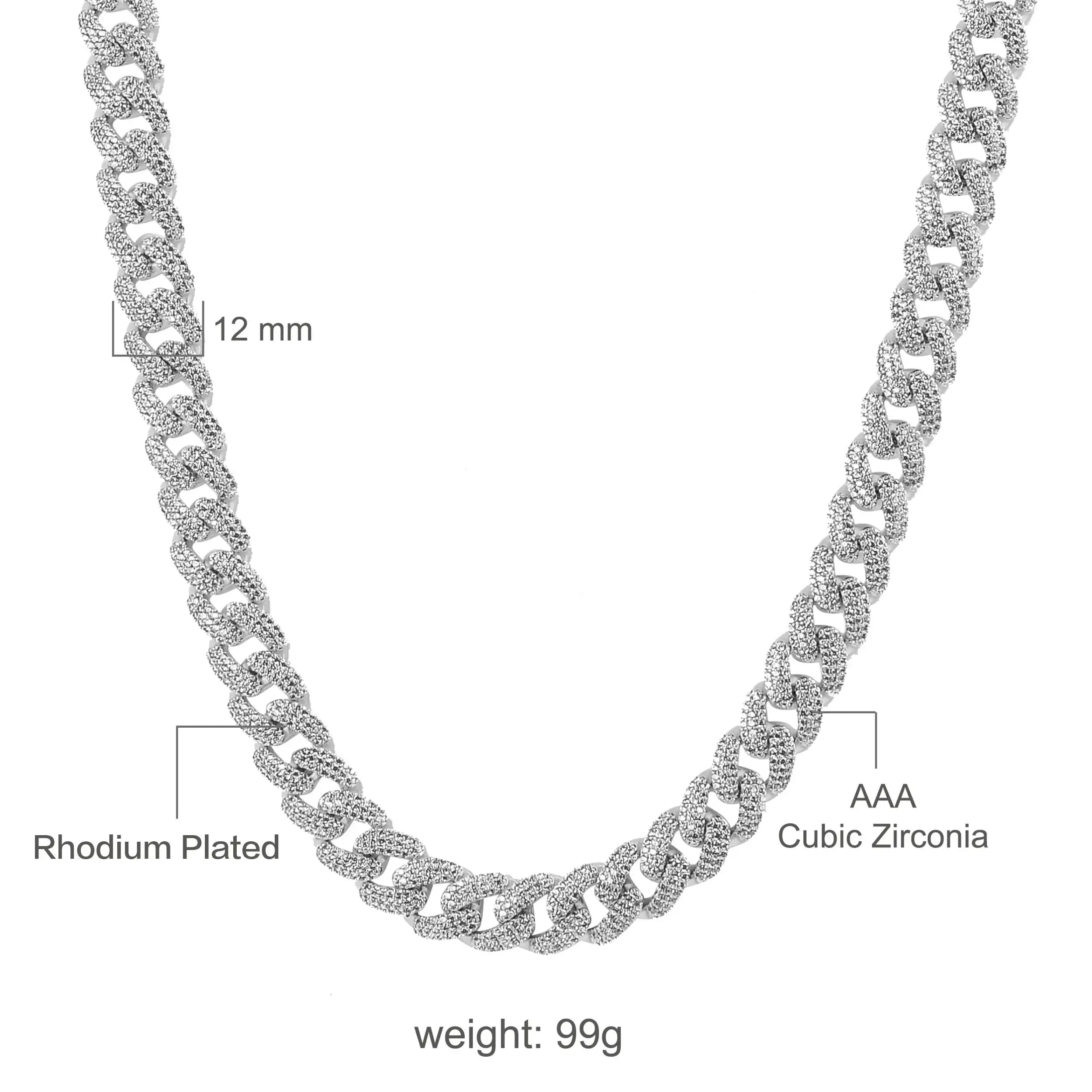 Dazzling 12 MM 925 Sterling Silver Cuban Chain with Radiant Cubic Zirconia